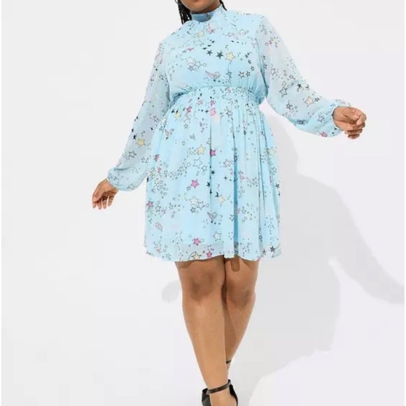 Torrid 3 Clipdot Blouson Sleeve Mock Nexk Skater Dress Cosmic Stars Summer 3X - Picture 13 of 16